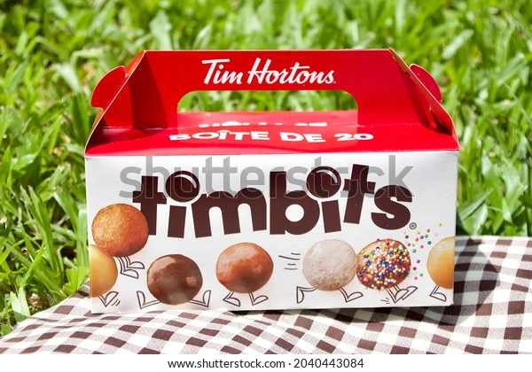 box of donut holes branded as Tim Hortons timbits