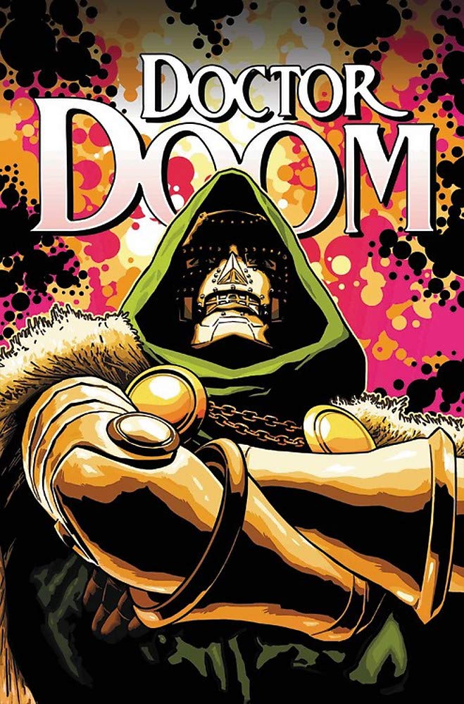 A man covered in metal armor and a green hooded cape with fur detailing, also known as comic book villain, Doctor DOOM